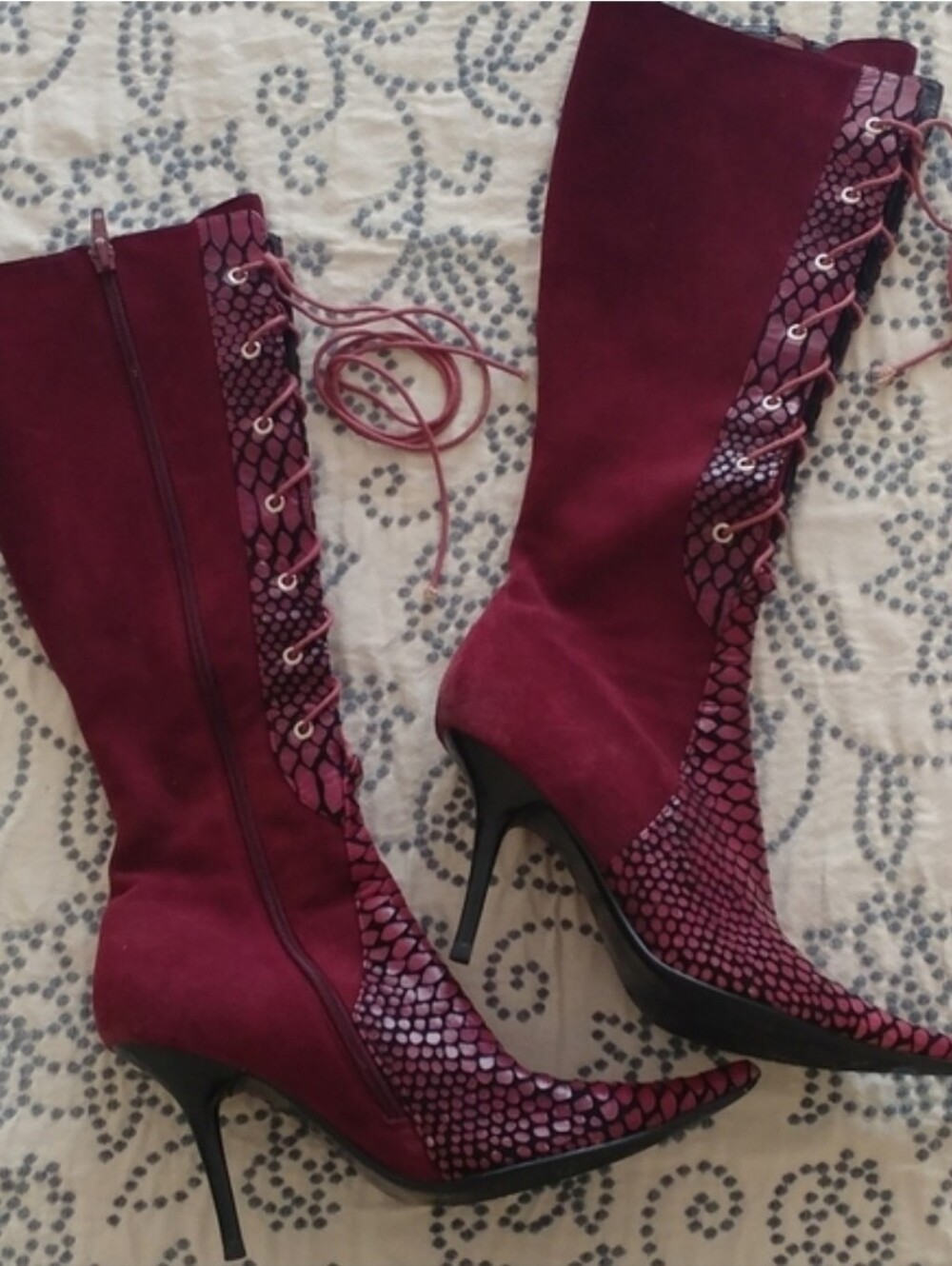 Maroon Snackeskin,lace Up Pointy Toe Boot